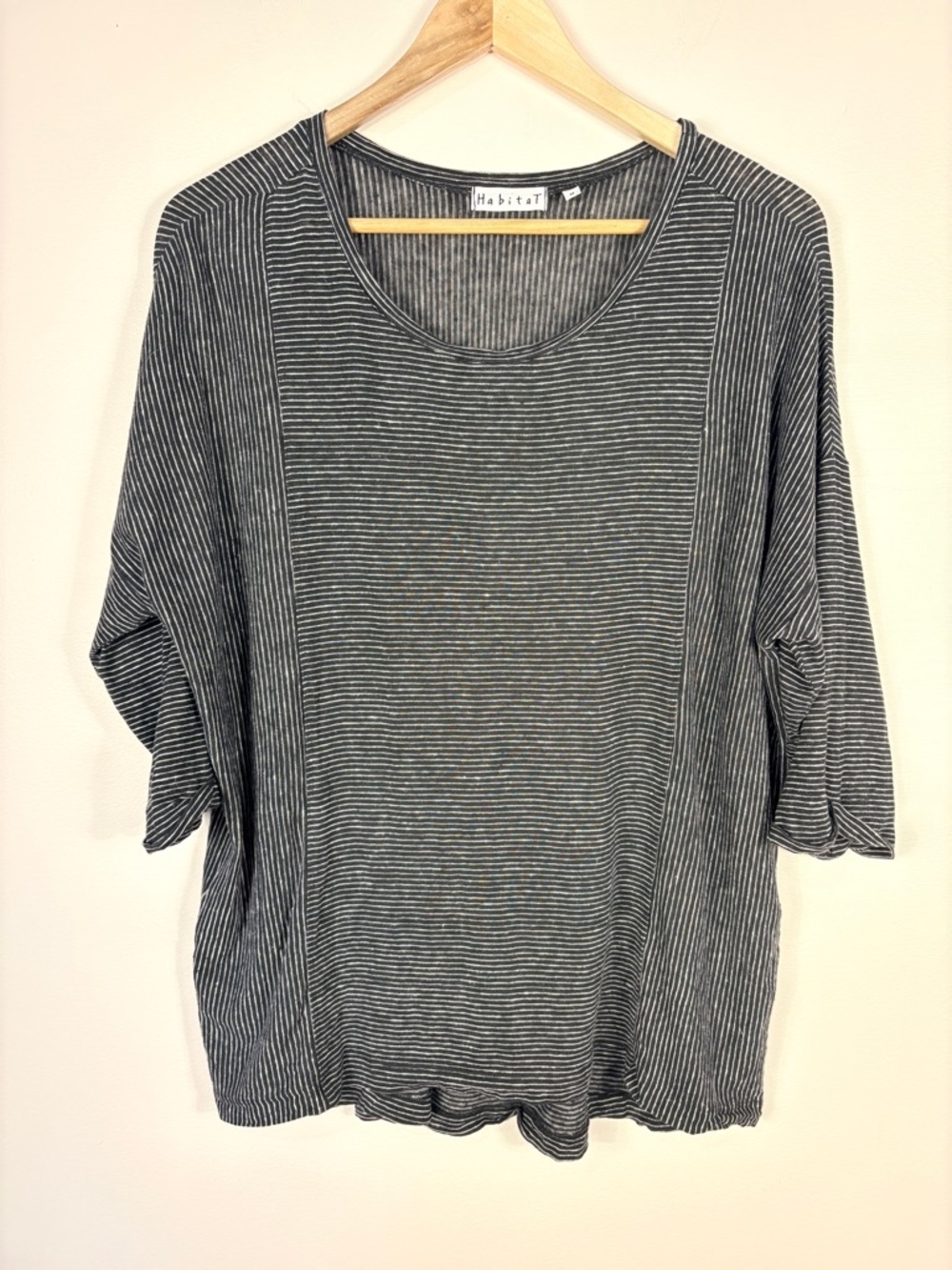 Habitat Linen Blend Blouse Top Black White Stripe Scoop Neck Coastal Lagenlook